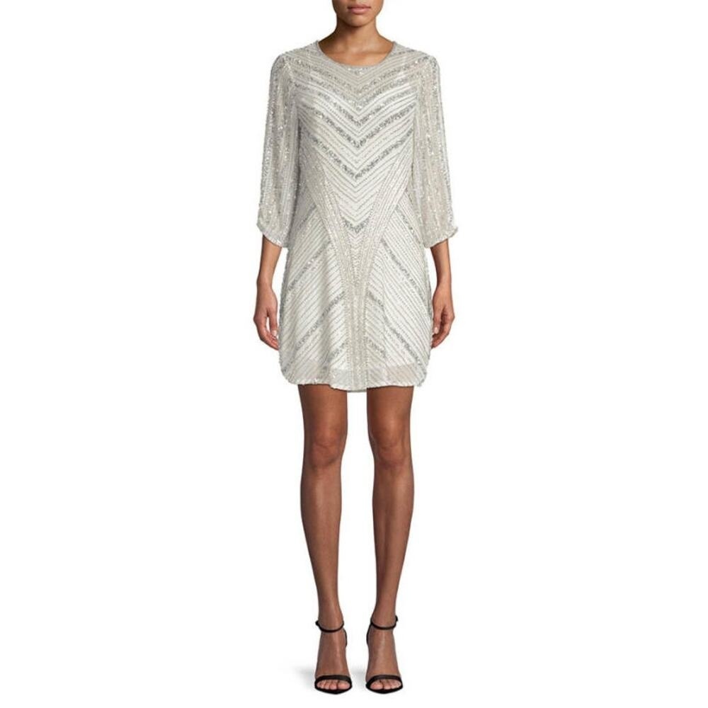 NWT Parker Black Ivory Colored Silver Beaded Formal Dress Size 6
